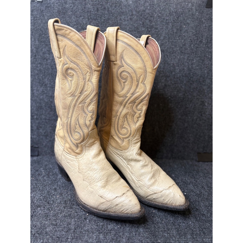 Tony Lama Mens 8.5 D Cream Tan Leather Ostrich Western Cowboy Boots USA CY908